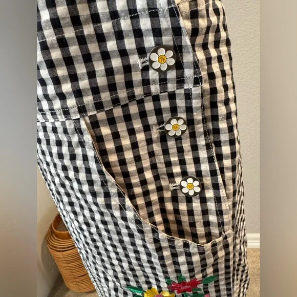 NWOT Teddy Fresh Black & White Playful Gingham Embroidered Floral Overalls - Picture 8 of 16